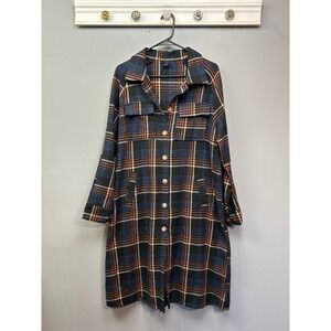 Shein Plaid Longline Shacket Shirt Womens Small Jacket Blue Orange Pockets Layer